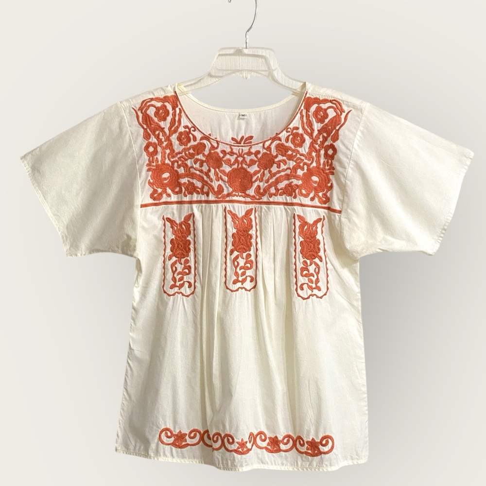 Cream & orange floral embroidered blouse - Sz M - Picture 1 of 6